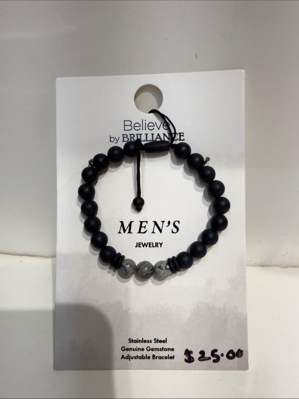 Believe by Brilliance Men's Black Matte Bead Bracelet with Gray Accent Beads